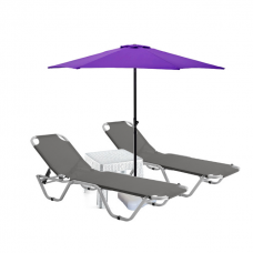 Set 2 sezlonguri CULINARO 5 pozitii gri 195x61x80cm + masa 44x44xh41cm + umbrela 270cm mov