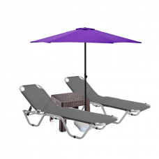 Set 2 sezlonguri CULINARO 5 pozitii gri 195x61x80cm + masa maro 44x44xh41cm + umbrela 250cm mov