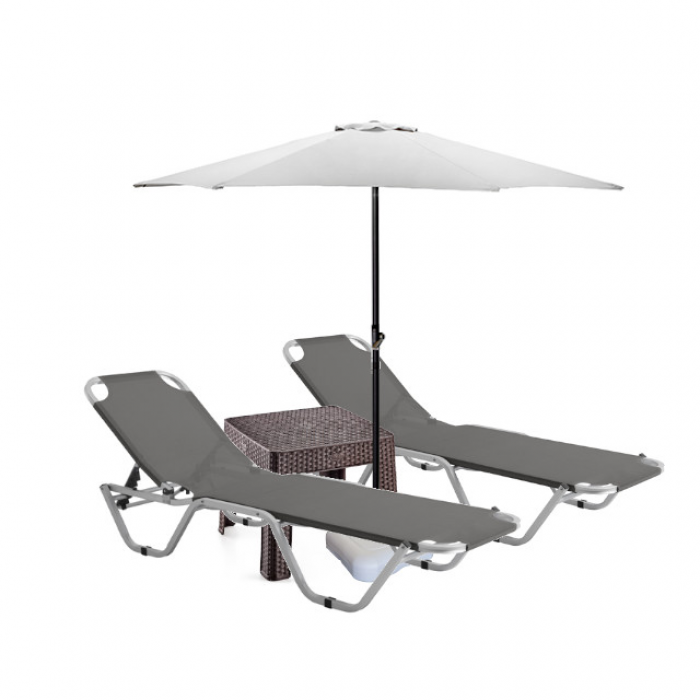Set 2 sezlonguri CULINARO 5 pozitii gri 195x61x80cm + masa maro 44x44xh41cm + umbrela 250cm alba