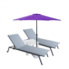 Set 2 sezlonguri CULINARO 4 pozitii cu roti deplasare 70x197,5xh34,5cm gri + masa 44x44xh41cm + umbrela 270cm mov