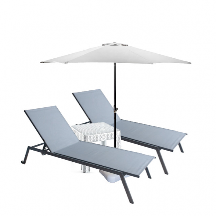 Set 2 sezlonguri CULINARO 4 pozitii cu roti deplasare 70x197,5xh34,5cm gri + masa 44x44xh41cm + umbrela 270cm alba