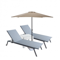Set 2 sezlonguri CULINARO 4 pozitii cu roti deplasare 70x197,5xh34,5cm gri + masa 44x44xh41cm + umbrela 270cm bej