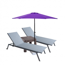 Set 2 sezlonguri CULINARO 4 pozitii cu roti deplasare 70x197,5xh34,5cm gri + masa maro 44x44xh41cm + umbrela 270cm mov