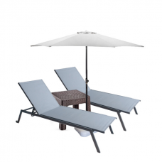 Set 2 sezlonguri CULINARO 4 pozitii cu roti deplasare 70x197,5xh34,5cm gri + masa maro 44x44xh41cm + umbrela 270cm alba