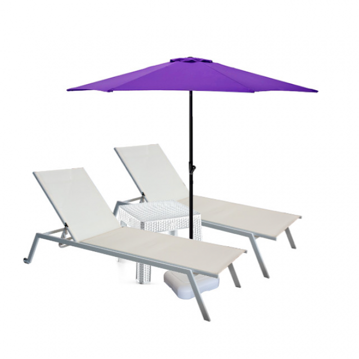 Set 2 sezlonguri CULINARO 4 pozitii cu roti deplasare 70x197,5xh34,5cm bej + masa 44x44xh41cm + umbrela 270cm mov