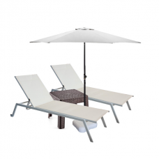 Set 2 sezlonguri CULINARO 4 pozitii cu roti deplasare 70x197,5xh34,5cm bej + masa maro 44x44xh41cm + umbrela 250cm alba