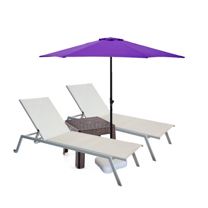 Set 2 sezlonguri CULINARO 4 pozitii cu roti deplasare 70x197,5xh34,5cm bej + masa maro 44x44xh41cm + umbrela 270cm mov