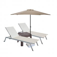 Set 2 sezlonguri CULINARO 4 pozitii cu roti deplasare 70x197,5xh34,5cm bej + masa maro 44x44xh41cm + umbrela 270cm bej