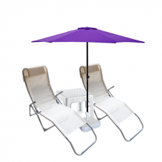 Set 2 sezlonguri pliante CULINARO culoare bej 140x58x98cm + masa 44x44xh41cm + umbrela 270cm mov