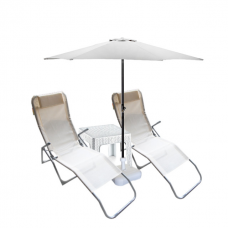 Set 2 sezlonguri pliante CULINARO culoare bej 140x58x98cm + masa 44x44xh41cm + umbrela 270cm alba