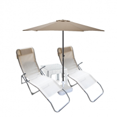 Set 2 sezlonguri pliante CULINARO culoare bej 140x58x98cm + masa 44x44xh41cm + umbrela 270cm 