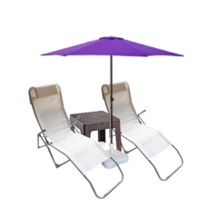 Set 2 sezlonguri pliante CULINARO culoare bej 140x58x98cm + masa maro 44x44xh41cm + umbrela 250cm mov