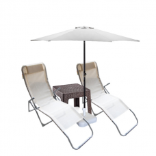 Set 2 sezlonguri pliante CULINARO culoare bej 140x58x98cm + masa maro 44x44xh41cm + umbrela 250cm alba