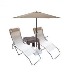 Set 2 sezlonguri pliante CULINARO culoare bej 140x58x98cm + masa maro 44x44xh41cm + umbrela 270cm 
