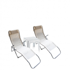 Set 2 sezlonguri pliante CULINARO culoare bej 140x58x98cm + masa 44x44xh41cm