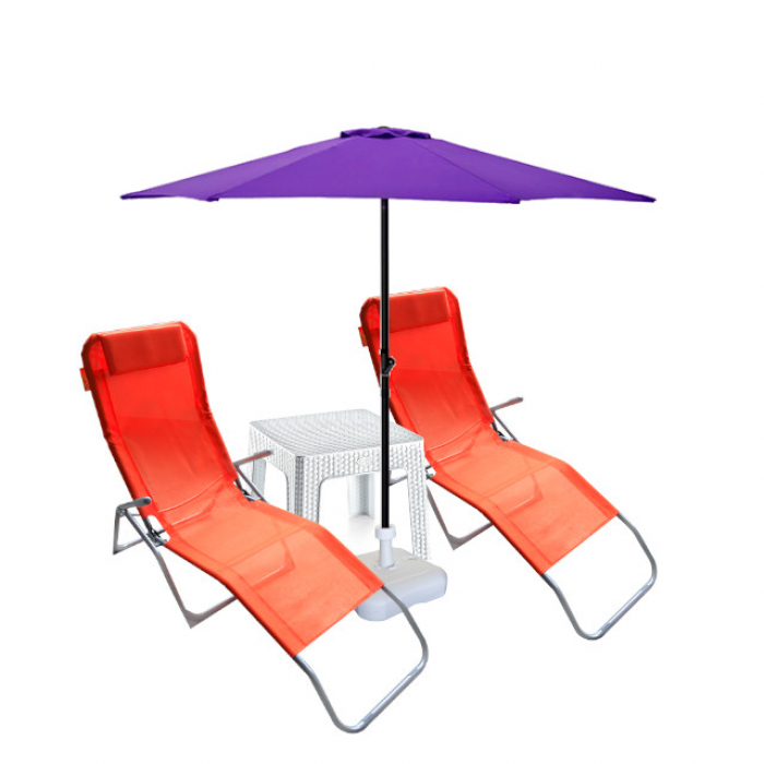 Set 2 sezlonguri pliante CULINARO orange 140x58x98cm + masa 44x44xh41cm + umbrela 250cm mov