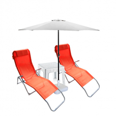 Set 2 sezlonguri pliante CULINARO orange 140x58x98cm + masa 44x44xh41cm + umbrela 250cm alba