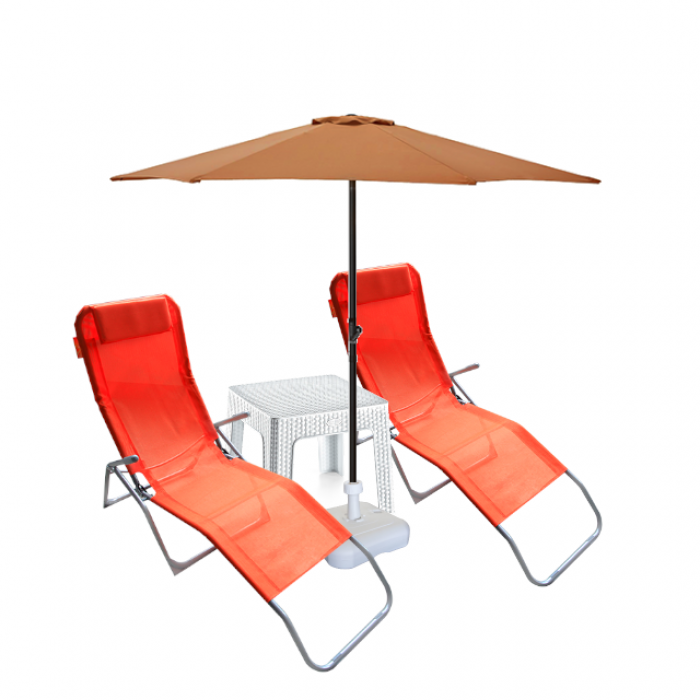 Set 2 sezlong pliant CULINARO orange 140x58x98cm + masa alba + umbrela 250cm orange