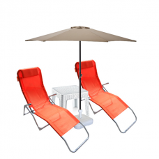 Set 2 sezlonguri pliante CULINARO orange 140x58x98cm + masa 44x44xh41cm + umbrela 270cm 