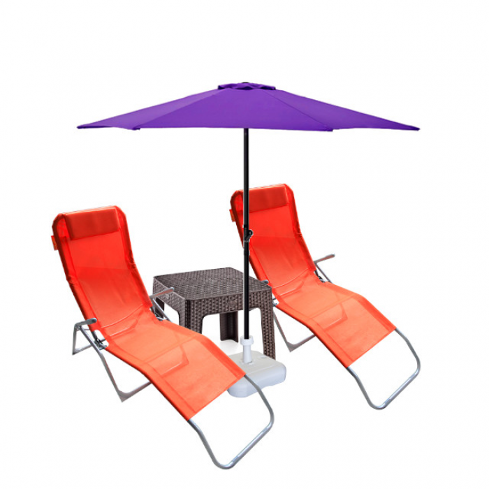 Set 2 sezlonguri pliante CULINARO orange 140x58x98cm + masa maro 44x44xh41cm + umbrela 250cm mov