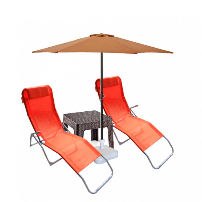 Set 2 sezlong pliant CULINARO orange 140x58x98cm + masa cafea + umbrela 250cm orange