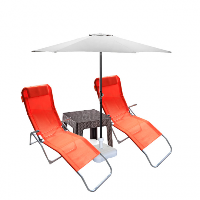 Set 2 sezlonguri pliante CULINARO orange 140x58x98cm + masa maro 44x44xh41cm + umbrela 270cm alba