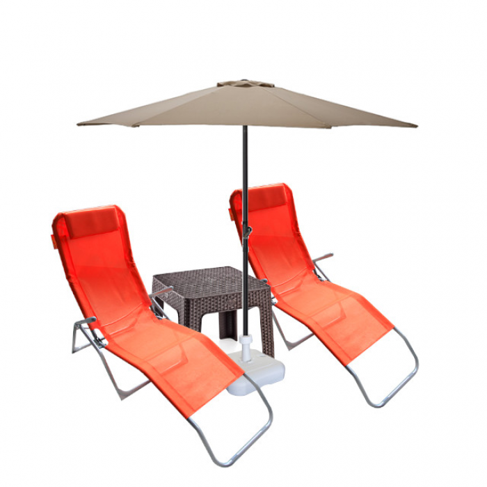 Set 2 sezlonguri pliante CULINARO orange 140x58x98cm + masa maro 44x44xh41cm + umbrela 270cm 