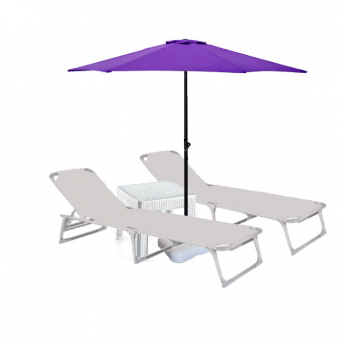 Set 2 sezlonguri plabile CULINARO 188x56cm cadru metalic cu profil ingust gri + masa 44x44xh41cm + umbrela 250cm mov