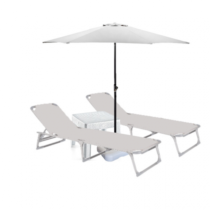 Set 2 sezlonguri plabile CULINARO 188x56cm cadru metalic cu profil ingust gri + masa 44x44xh41cm + umbrela 250cm alba