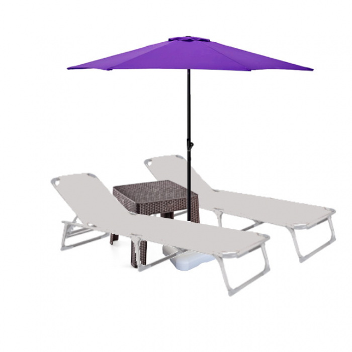 Set 2 sezlonguri plabile CULINARO 188x56cm cadru metalic cu profil ingust gri + masa maro 44x44xh41cm + umbrela 250cm mov