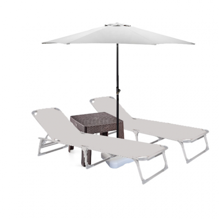 Set 2 sezlonguri plabile CULINARO 188x56cm cadru metalic cu profil ingust gri + masa maro 44x44xh41cm + umbrela 250cm alba