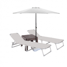 Set 2 sezlonguri plabile CULINARO 188x56cm cadru metalic cu profil ingust gri + masa maro 44x44xh41cm + umbrela 270cm alba