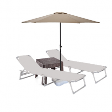 Set 2 sezlonguri plabile CULINARO 188x56cm cadru metalic cu profil ingust gri + masa maro 44x44xh41cm + umbrela 270cm bej