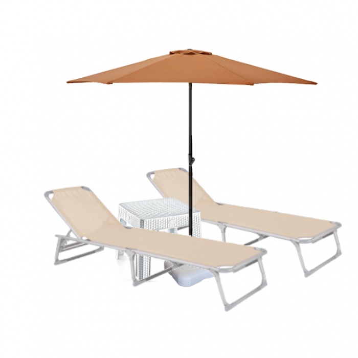 Set 2 sezlonguri plabil CULINARO 188x56cm cadru metalic cu profil ingust bej + masa alba + umbrela 250cm orange