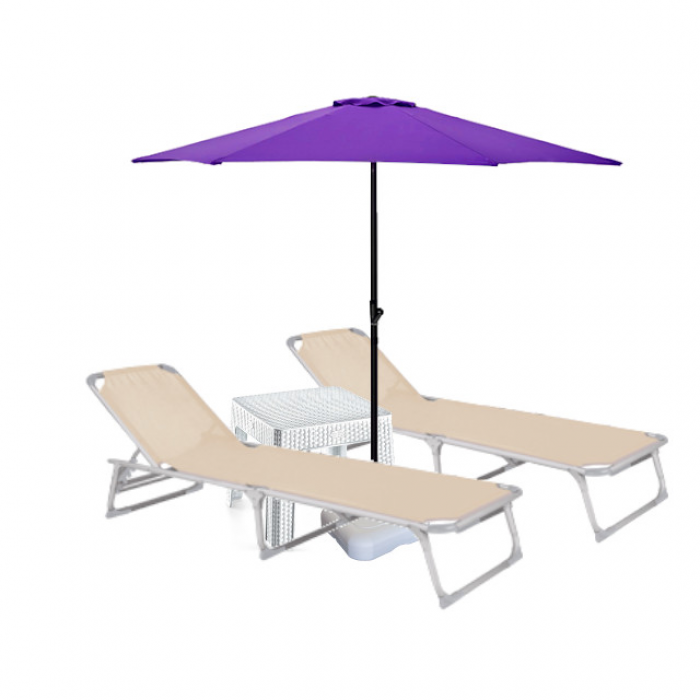 Set 2 sezlonguri plabile CULINARO 188x56cm cadru metalic cu profil ingust bej + masa 44x44xh41cm + umbrela 270cm mov