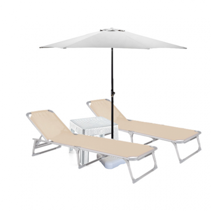 Set 2 sezlonguri plabile CULINARO 188x56cm cadru metalic cu profil ingust bej + masa 44x44xh41cm + umbrela 270cm alba