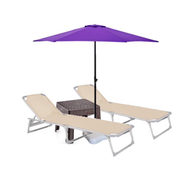 Set 2 sezlonguri plabile CULINARO 188x56cm cadru metalic cu profil ingust bej + masa maro 44x44xh41cm + umbrela 250cm mov cu suport