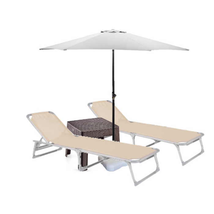 Set 2 sezlonguri plabile CULINARO 188x56cm cadru metalic cu profil ingust bej + masa maro 44x44xh41cm + umbrela 250cm alba