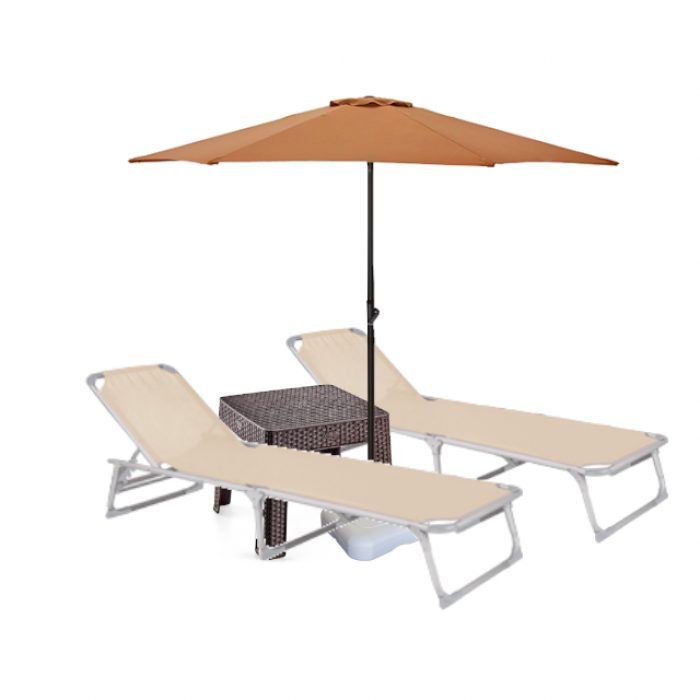 Set 2 sezlonguri plabil CULINARO 188x56cm cadru metalic cu profil ingust bej + masa cafea + umbrela 250cm orange