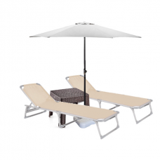 Set 2 sezlonguri plabile CULINARO 188x56cm cadru metalic cu profil ingust bej + masa maro 44x44xh41cm + umbrela 270cm alba