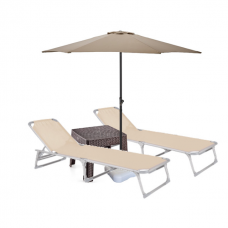 Set 2 sezlonguri plabile CULINARO 188x56cm cadru metalic cu profil ingust bej + masa maro 44x44xh41cm + umbrela 270cm bej