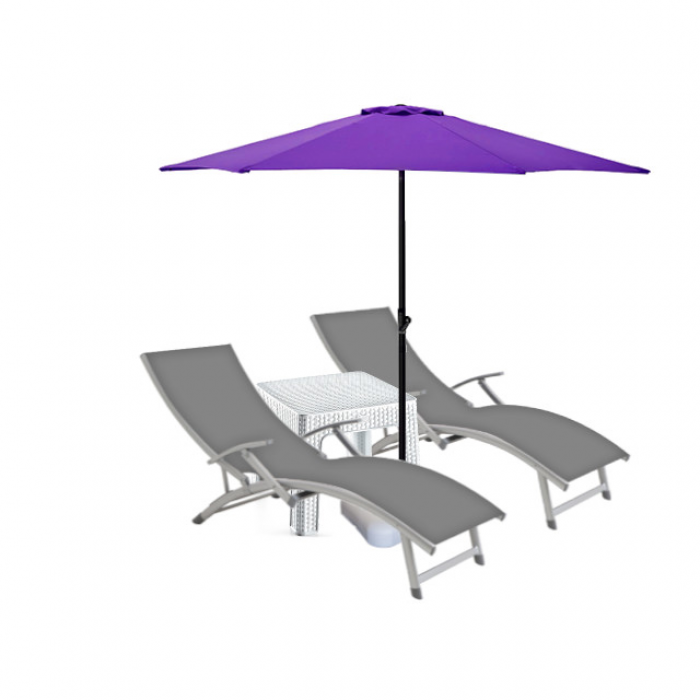 Set 2 sezlonguri cu brate CULINARO cadru aluminiu 170x52cm culoare gri + masa 44x44xh41cm + umbrela 270cm mov