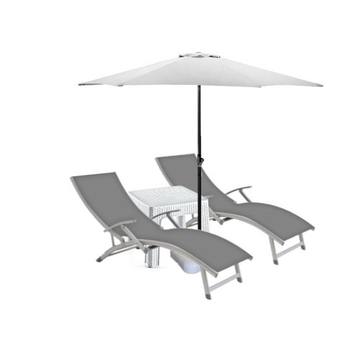 Set 2 sezlonguri cu brate CULINARO cadru aluminiu 170x52cm culoare gri + masa 44x44xh41cm + umbrela 270cm alba