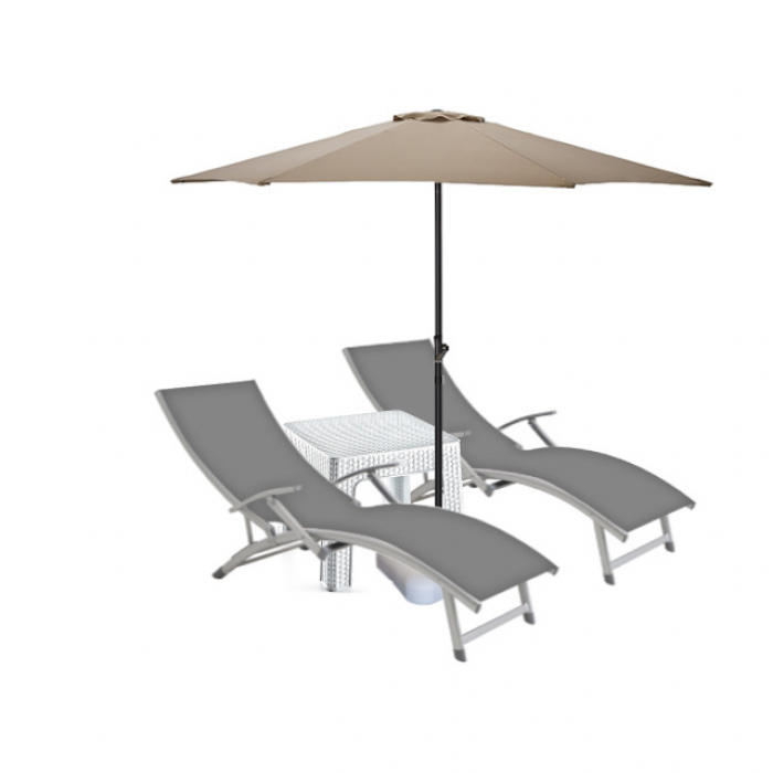 Set 2 sezlonguri cu brate CULINARO cadru aluminiu 170x52cm culoare gri + masa 44x44xh41cm + umbrela 270cm bej