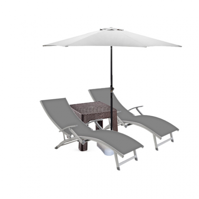 Set 2 sezlonguri cu brate CULINARO cadru aluminiu 170x52cm culoare gri + masa maro 44x44xh41cm + umbrela 270cm alba