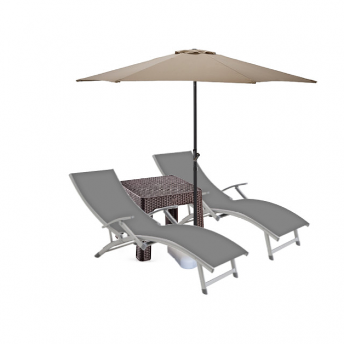 Set 2 sezlonguri cu brate CULINARO cadru aluminiu 170x52cm culoare gri + masa maro 44x44xh41cm + umbrela 270cm bej