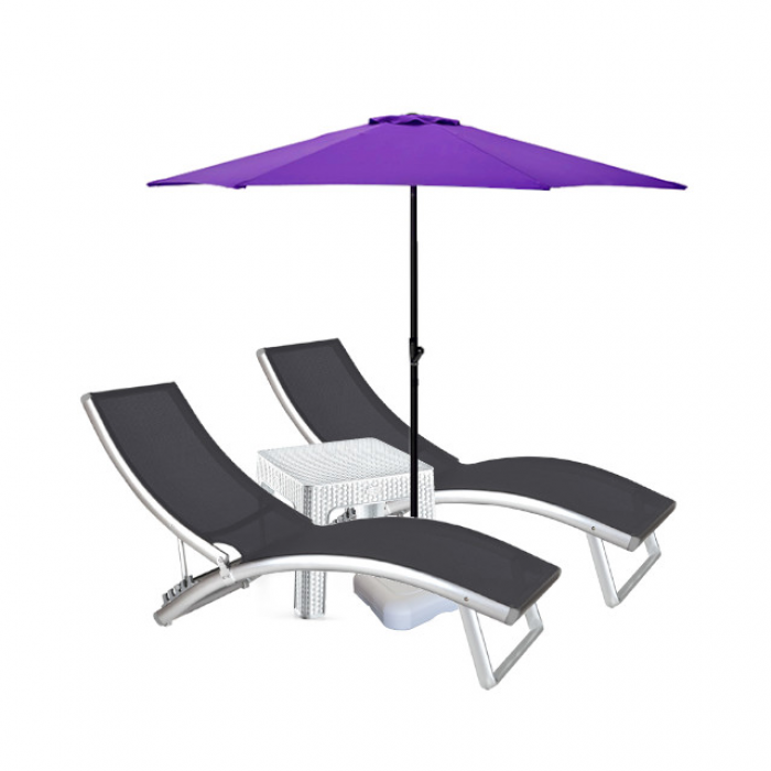 Set 2 sezlonguri 4 pozitii CULINARO cadru aluminiu 180x52cm + masa 44x44xh41cm + umbrela 270cm mov