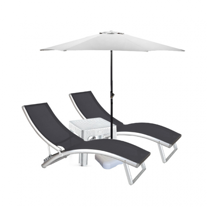 Set 2 sezlonguri 4 pozitii CULINARO cadru aluminiu 180x52cm + masa 44x44xh41cm + umbrela 270cm alba