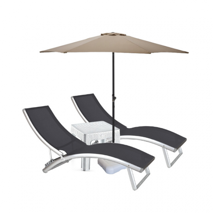 Set 2 sezlonguri 4 pozitii CULINARO cadru aluminiu 180x52cm + masa 44x44xh41cm + umbrela 270cm bej