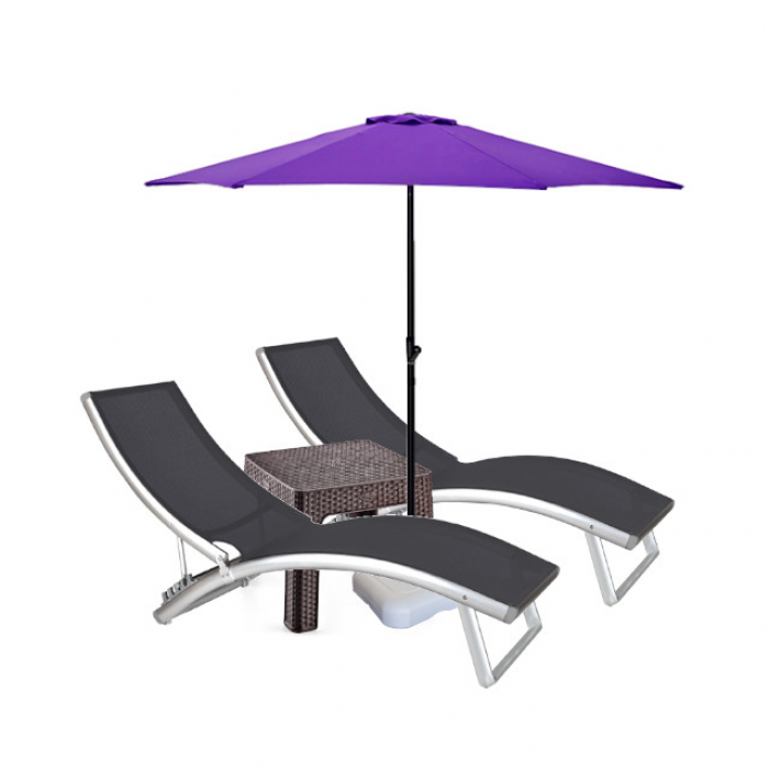 Set 2 sezlonguri 4 pozitii CULINARO cadru aluminiu 180x52cm + masa maro 44x44xh41cm + umbrela 270cm mov
